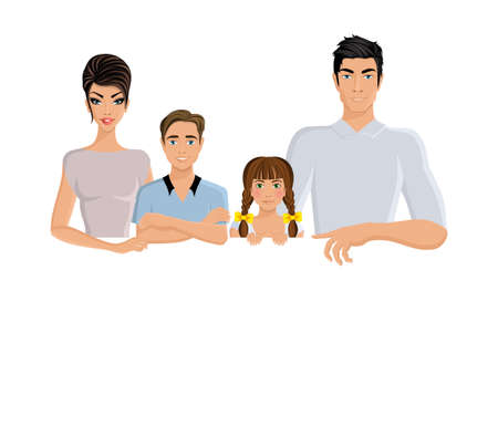 Happy family man woman parents and girl and boy kids portrait horizontal banner bookmark vector illustrationのイラスト素材