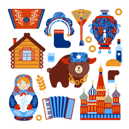 Russia travel set with vintage national elements icons set isolated vector illustrationのイラスト素材