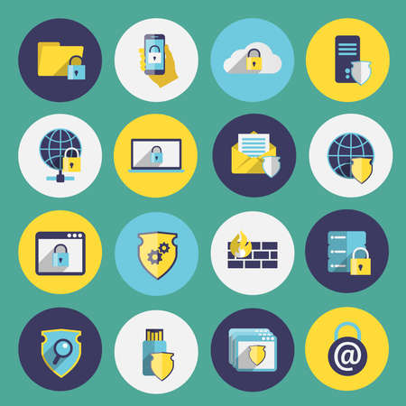 Information technology security flat icons set of computer mobile firewall protection isolated vector illustrationのイラスト素材