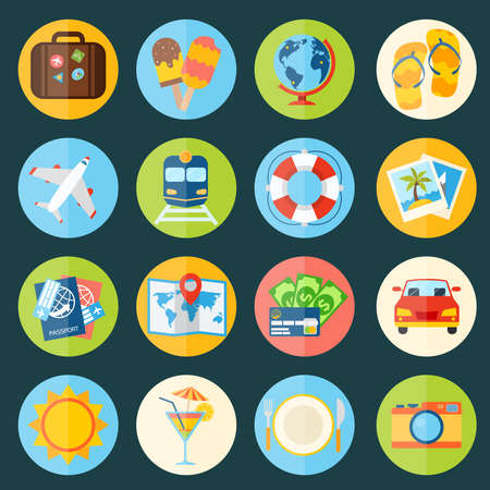 Travel holiday vacation icons set of suitcase globe icecream isolated vector illustrationのイラスト素材