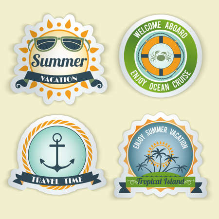 Summer sea retro vacation travel time tropical island emblems set isolated vector illustrationのイラスト素材