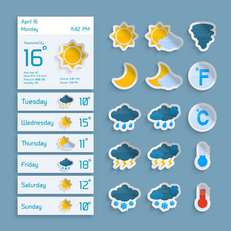 Weather extended forecast computer paper decorative widgets with sun clouds rain and snow icons vector illustrationのイラスト素材