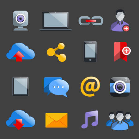 Social media icons set with web camera laptop avatar isolated vector illustrationのイラスト素材