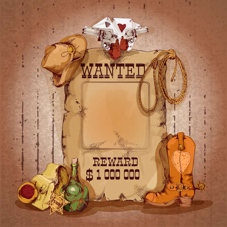 Wild west wanted man for reward poster with cowboy elements vector illustrationのイラスト素材