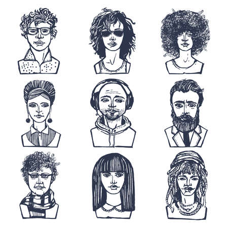 Sketch grunge males and females people portraits set isolated vector illustrationのイラスト素材
