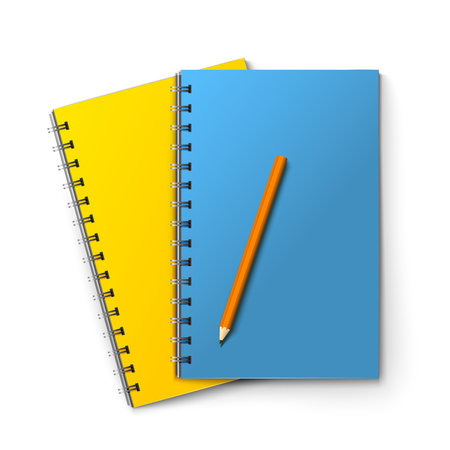 Realistic blue and yellow notepads and pencil isolated on white background vector illustrationのイラスト素材