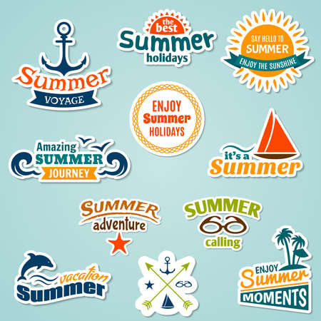 Summer sea tropical vacation journey holidays sticker set isolated vector illustrationのイラスト素材