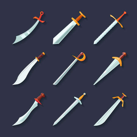Swords knives daggers sharp blades flat icon set isolated vector illustrationのイラスト素材
