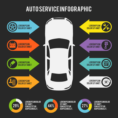 Auto mechanic car service infographic template with charts and maintenance elements vector illustrationのイラスト素材