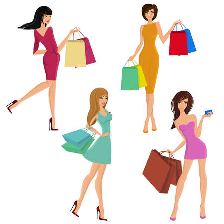 Shopping girl young sexy female figures with fashion bags isolated vector illustrationのイラスト素材