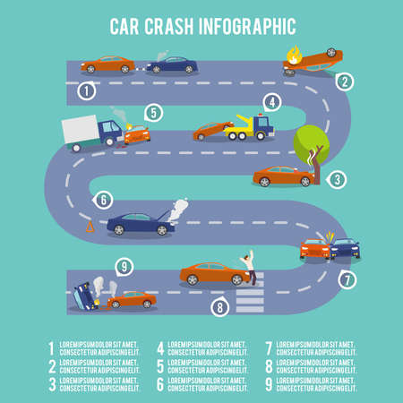 Car crash infographic set with damaged auto burning vehicle vector illustrationのイラスト素材