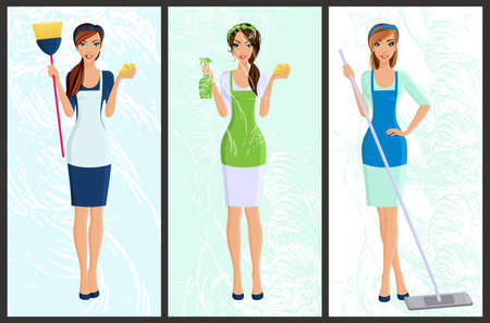 Young woman housewife set cleaning with spray and sponge full length portrait banners isolated vector illustrationのイラスト素材
