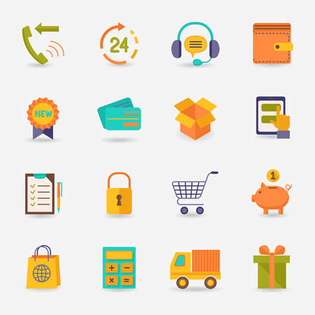 E-commerce shopping icons flat set of delivery truck credit card piggy bank isolated vector illustrationのイラスト素材