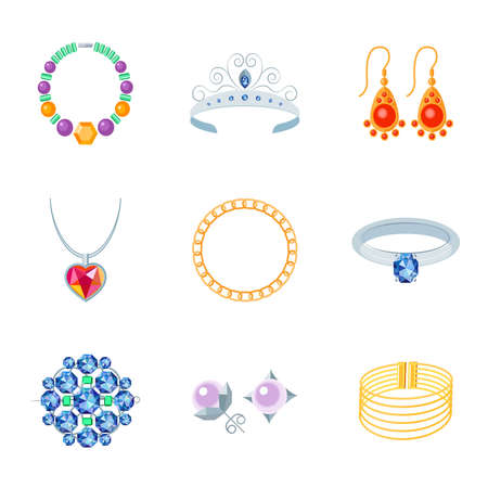 Jewelry flat icons set of necklace tiara earrings isolated vector illustrationのイラスト素材