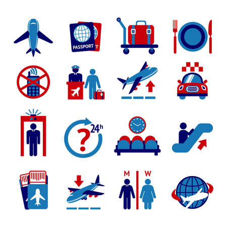 Airport travel button icons set with plane security check baggage control isolated vector illustrationのイラスト素材