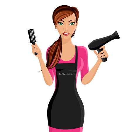 Attractive happy girl hairdresser with comb and hair dryer portrait isolated on white background vector illustration.のイラスト素材