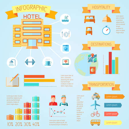 Hotel color travel tourism holiday infographics with bar charts  and ribbonsのイラスト素材