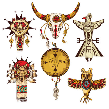 Ethnic american tribes animal totems colored sketch decorative elements set isolated vector illustrationのイラスト素材