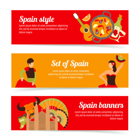 Spain travel spanish style culture wine flamenco banners set isolated vector illustrationのイラスト素材
