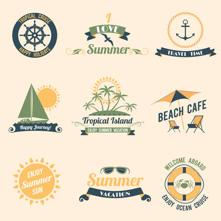 Summer sea retro vacation tropical cruise happy holidays labels set isolated vector illustration.のイラスト素材