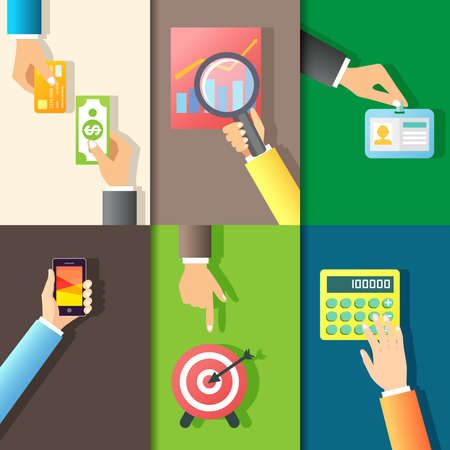 Business hands gestures design elements of giving money putting id card isolated vector illustrationのイラスト素材