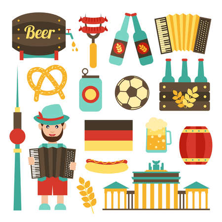 Germany travel tourist attractions food and beer icons set isolated vector illustrationのイラスト素材