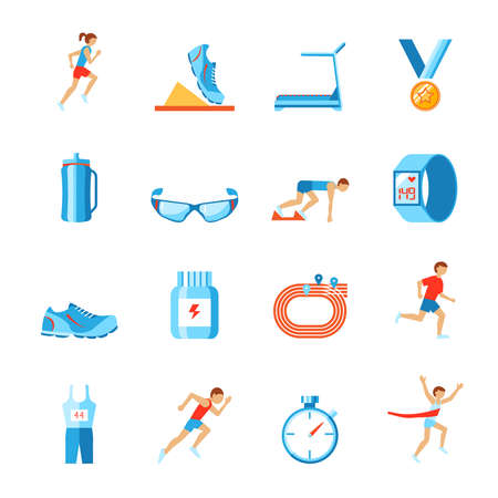 Running race sport activity flat set of fitness clothes shoes and runner icons isolated vector illustrationのイラスト素材