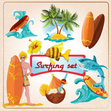 Beach surfing summer decorative elements set isolated vector illustrationのイラスト素材