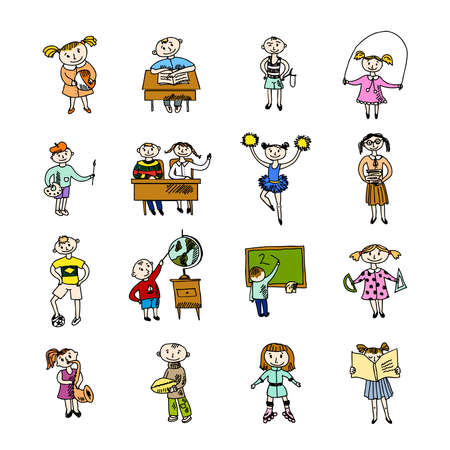 Reading learning cheerleading and playing football school kids with backpack doodle sketch vector illustrationのイラスト素材