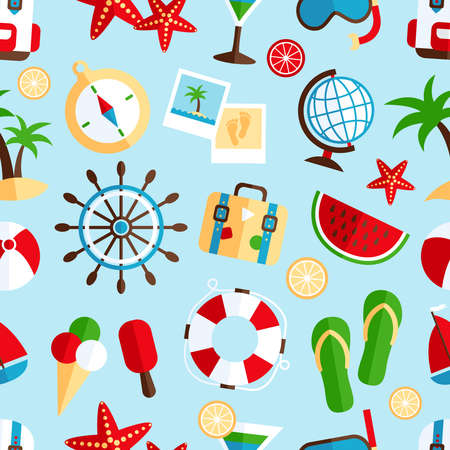 Decorative summer tropical vacation symbols of beach watermelon cocktail souvenir wrap paper seamless pattern abstract vector illustrationのイラスト素材