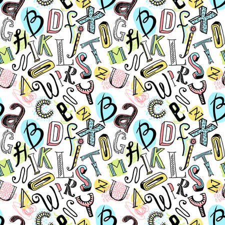 Sketch hand drawn doodle colored alphabet letters seamless pattern vector illustrationのイラスト素材