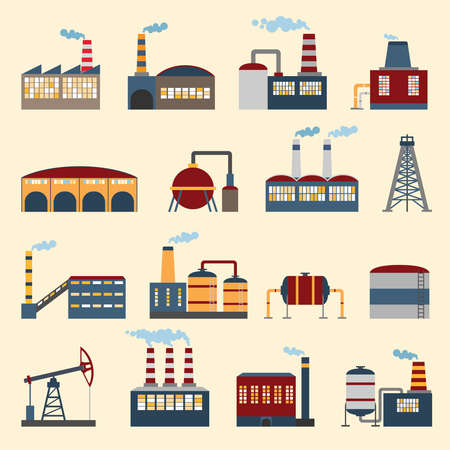 Industrial building factories and plants icons set isolated vector illustration.のイラスト素材