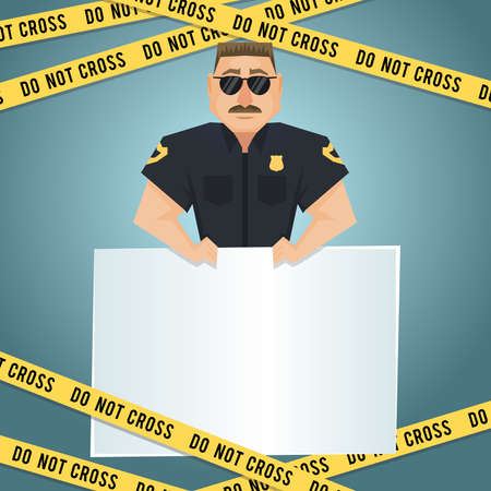Policeman character with blank board and yellow do not cross tape poster vector illustrationのイラスト素材