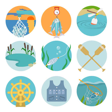 Set of lake paddles catch icons in flat style on color circles vector illustrationのイラスト素材