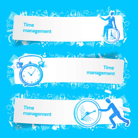 Time management set banners sketch with business people and alarm clocks isolated vector illustrationのイラスト素材