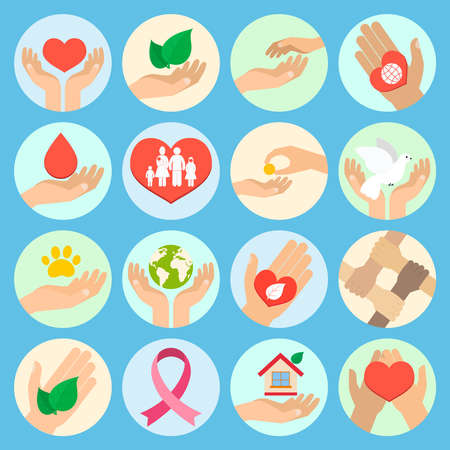Charity donation social services and volunteer icons set with hands isolated vector illustrationのイラスト素材