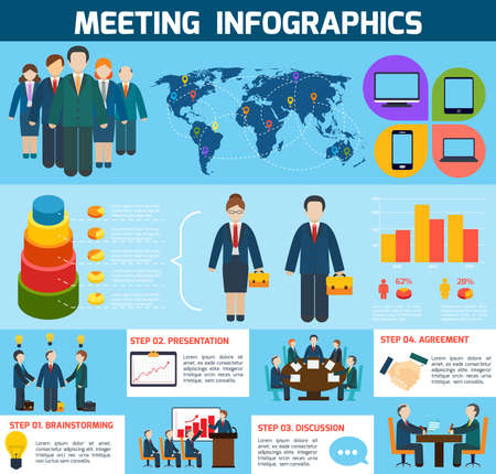 Business meeting brainstorming presentation discussion agreement infographics with charts vector illustrationのイラスト素材