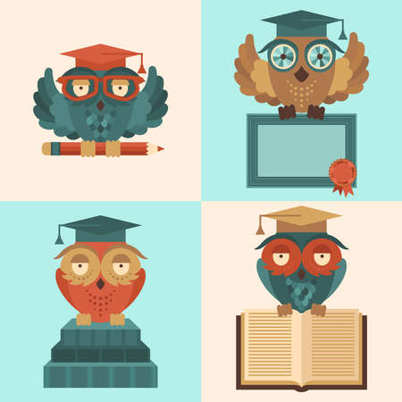 Flat colored owl in graduation caps with books and diploma silhouette set isolated vector illustrationのイラスト素材