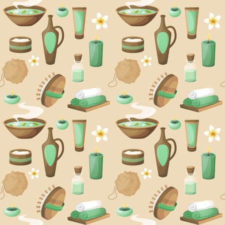 Spa salon herbal therapy relax beauty care products seamless pattern vector illustrationのイラスト素材