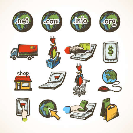 Business internet online shopping icons set of ecommerce retail domains cart purchase and global delivery sketch vector illustrationのイラスト素材