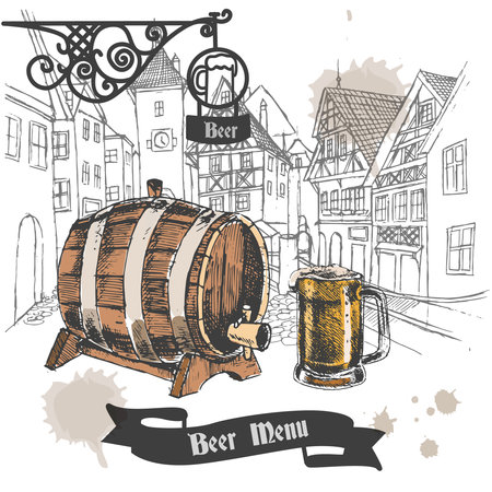 Beer bar retro style menu design advertising poster with oak barrel and full mug sketch vector illustrationのイラスト素材