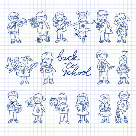 Set of carton doodle cute study education kids in color back to school vector illustrationのイラスト素材
