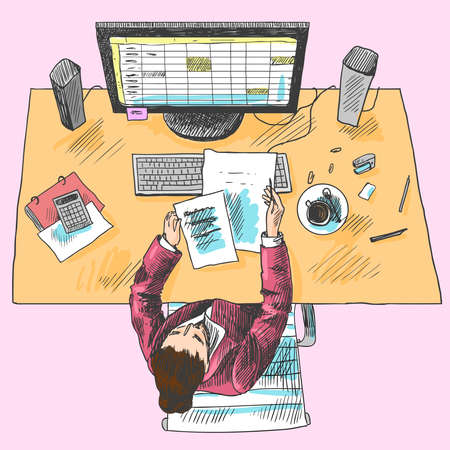Accountant office employee work place tools with woman sitting on table colored top view sketch vector illustrationのイラスト素材
