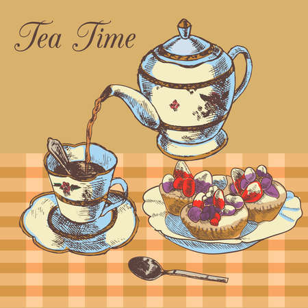 Old-fasioned english tea time restaurant country style poster with traditional teapot and cupcakes dessert vector illustrationのイラスト素材