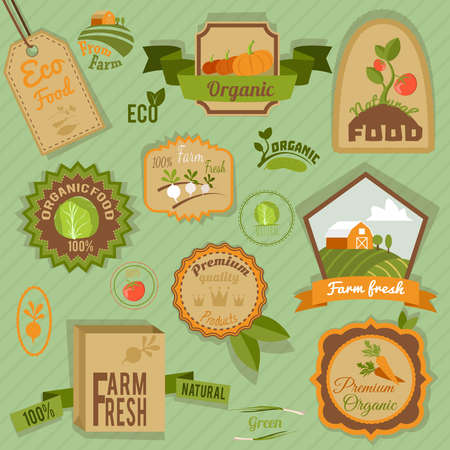 Eco farm fresh organic food vegetables labels and emblems set isolated vector illustrationのイラスト素材