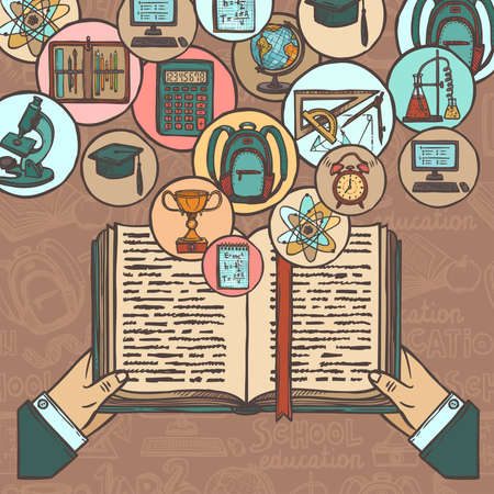 Person with book in hands and school education colored sketch icons set vector illustrationのイラスト素材