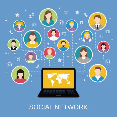 Social media network concept with male and female avatars connected via laptop vector illustrationのイラスト素材
