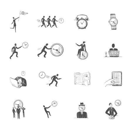 Decorative set of sketch time management icons with working people with clocks isolated vector illustrationのイラスト素材
