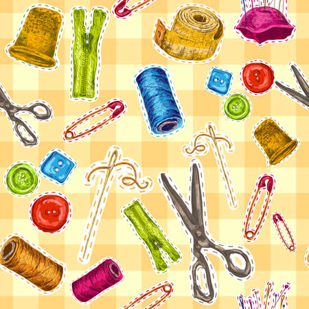 Sewing dressmaking and needlework accessories sketch seamless pattern vector illustrationのイラスト素材