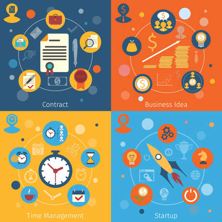 Modern web concepts flat set with contract business idea time management startup isolated vector illustrationのイラスト素材